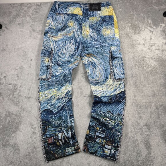 NWT Rebel Vengeance Tapestry Cargo Jeans Mens Starry Night Van Gogh Streetwear - Picture 2 of 8